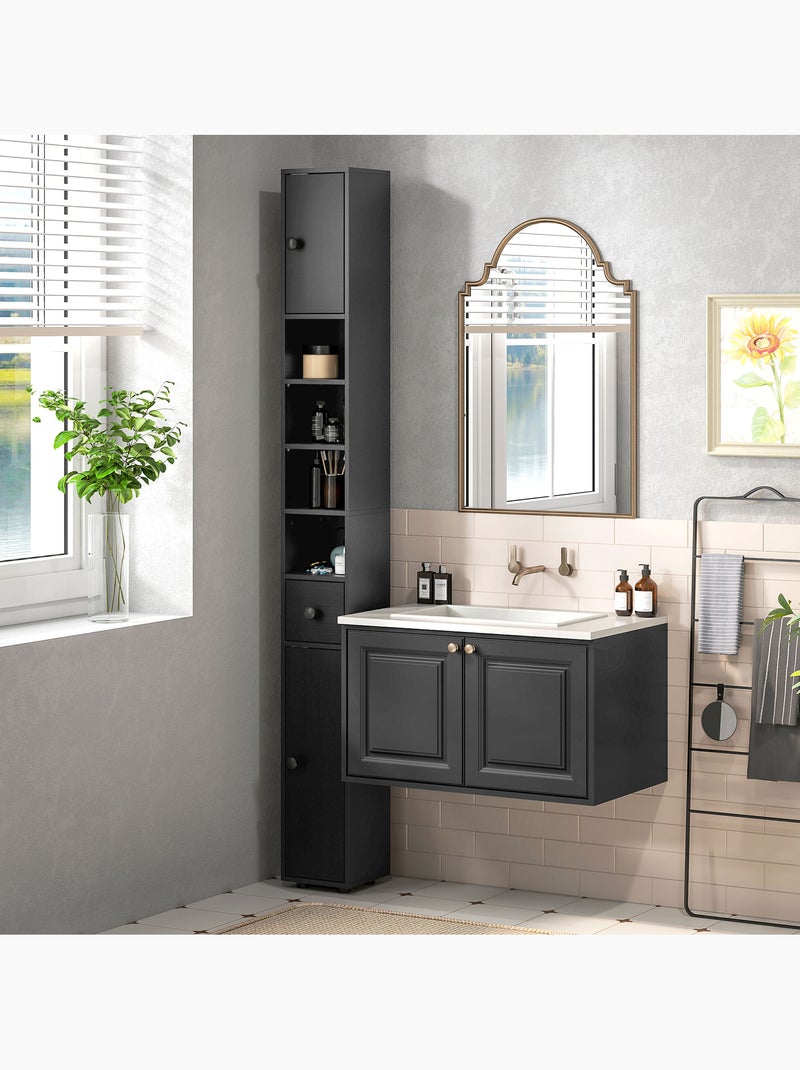 Meuble colonne salle de bain 2 portes 2 étagères 4 niches tiroir Noir - Kiabi