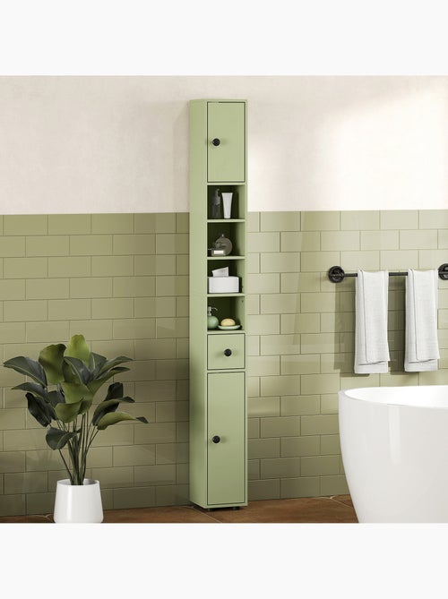 Meuble colonne salle de bain 2 portes 2 étagères 4 niches tiroir - Kiabi