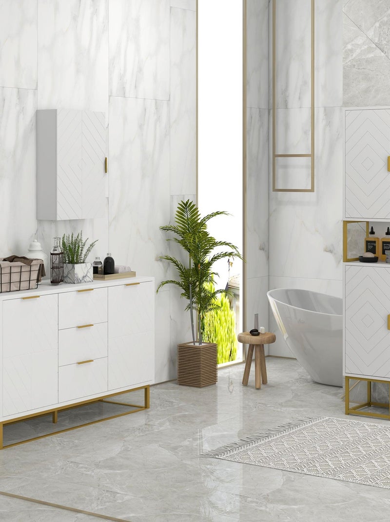 Meuble colonne salle de bain 2 portes 2 étagères niche doré blanc Blanc - Kiabi