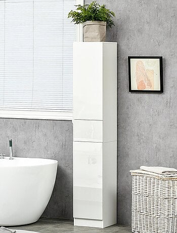 Meuble colonne salle de bain 2 portes 3 étagères tiroir façade blanc laqué