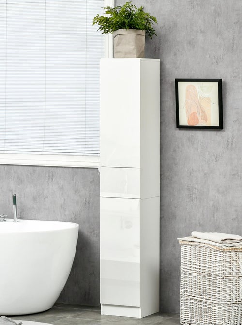 Meuble colonne salle de bain 2 portes 3 étagères tiroir façade blanc laqué - Kiabi Meuble colonne salle de bain 2 portes 3 étagères tiroir façade blanc laqué - Kiabi