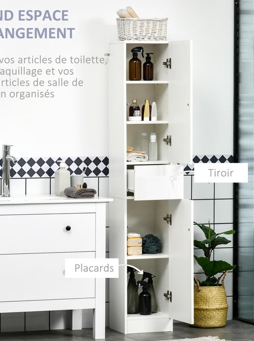 Meuble colonne salle de bain 2 portes 3 étagères tiroir façade blanc laqué - Kiabi Meuble colonne salle de bain 2 portes 3 étagères tiroir façade blanc laqué - Kiabi