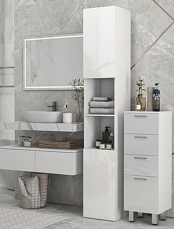 Meuble colonne salle de bain 2 portes étagères 2 niches façade blanc laqué