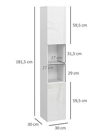 Meuble colonne salle de bain 2 portes étagères 2 niches façade blanc laqué