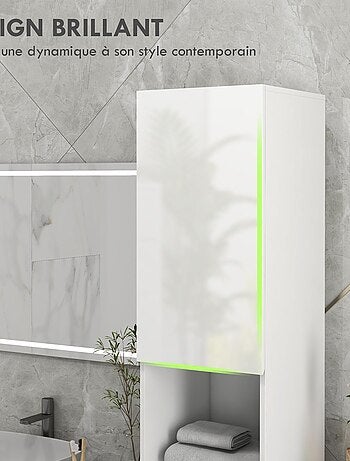 Meuble colonne salle de bain 2 portes étagères 2 niches façade blanc laqué