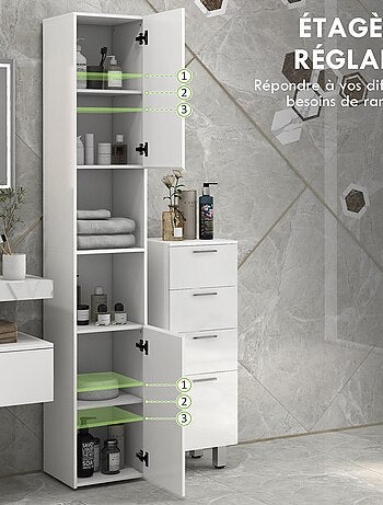 Meuble colonne salle de bain 2 portes étagères 2 niches façade blanc laqué