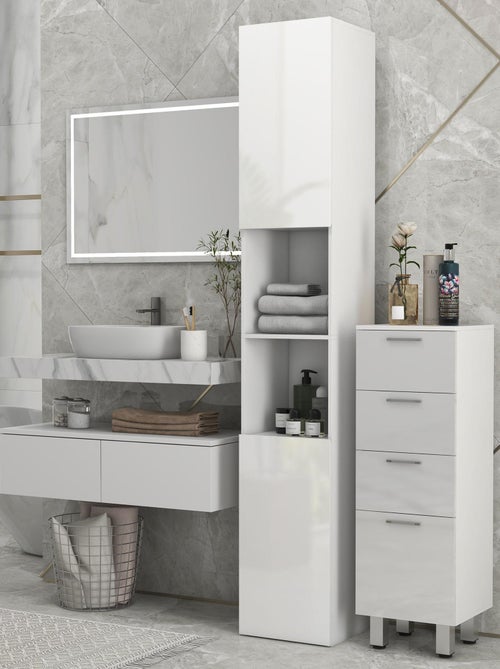 Meuble colonne salle de bain 2 portes étagères 2 niches façade blanc laqué - Kiabi