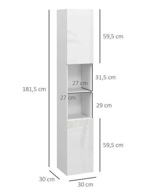 Meuble colonne salle de bain 2 portes étagères 2 niches façade blanc laqué - Kiabi