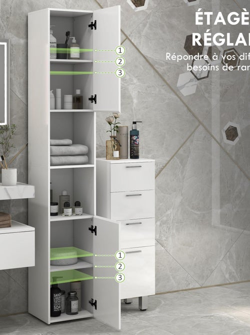 Meuble colonne salle de bain 2 portes étagères 2 niches façade blanc laqué - Kiabi