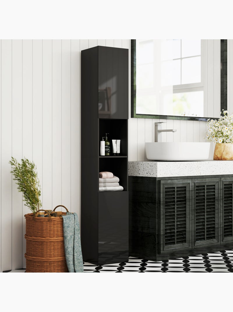 Meuble colonne salle de bain 2 portes étagères 2 niches façade laquée Noir - Kiabi