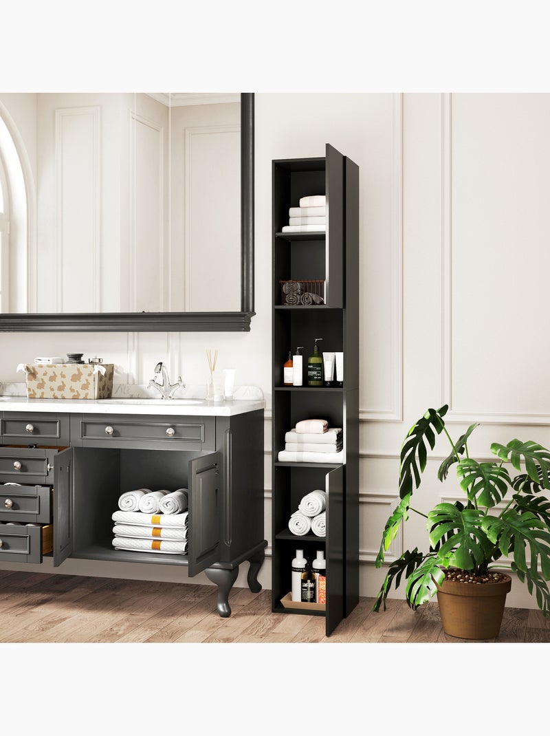 Meuble colonne salle de bain 2 portes étagères 2 niches façade laquée Noir - Kiabi