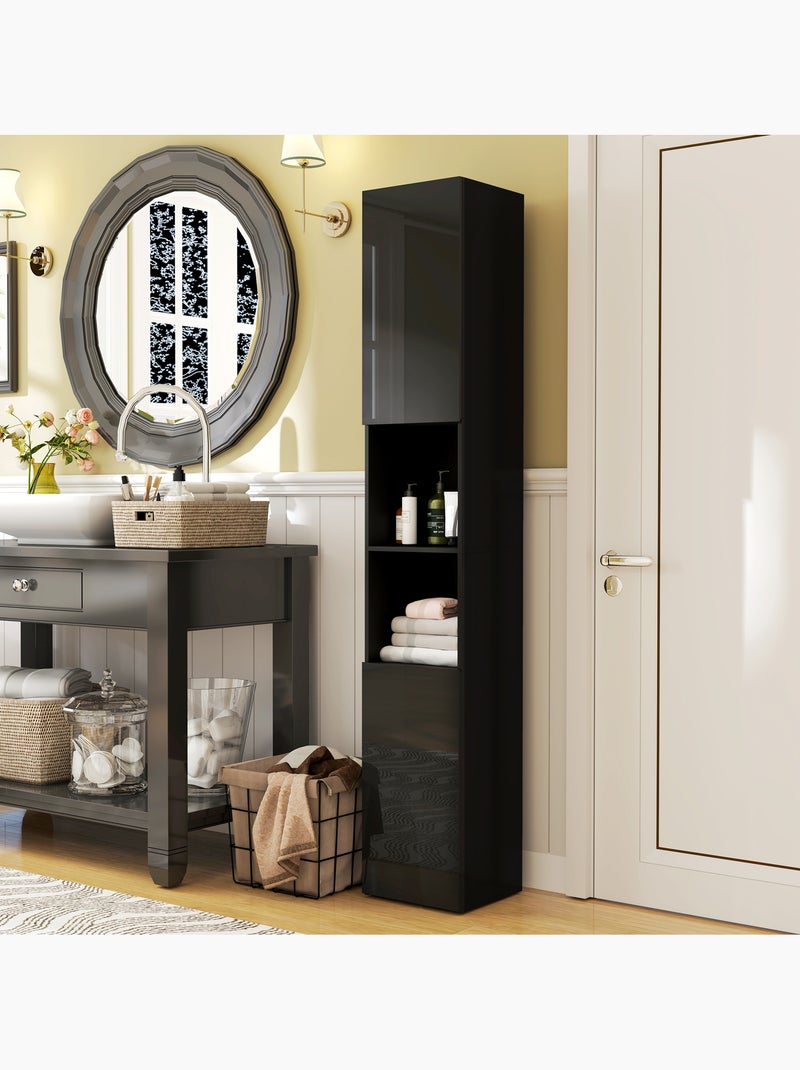 Meuble colonne salle de bain 2 portes étagères 2 niches façade laquée Noir - Kiabi