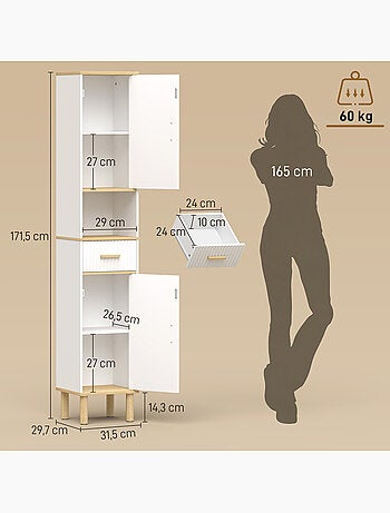 Meuble colonne salle de bain 2 portes tiroir bois blanc