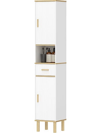 Meuble colonne salle de bain 2 portes tiroir bois blanc