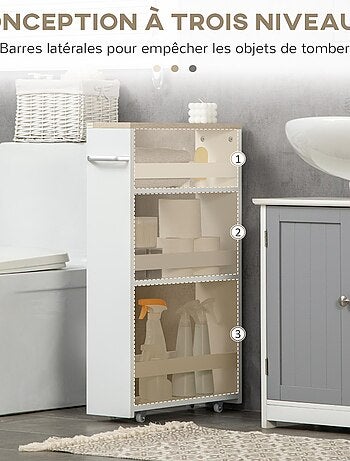 Meuble colonne salle de bain à roulettes 3 niveaux