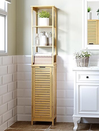 Meuble colonne salle de bain bambou MDF aspect bois clair