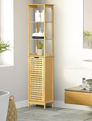Meuble colonne salle de bain bambou MDF aspect bois clair