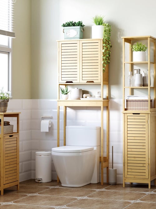 Meuble colonne salle de bain bambou MDF aspect bois clair - Kiabi Meuble colonne salle de bain bambou MDF aspect bois clair - Kiabi