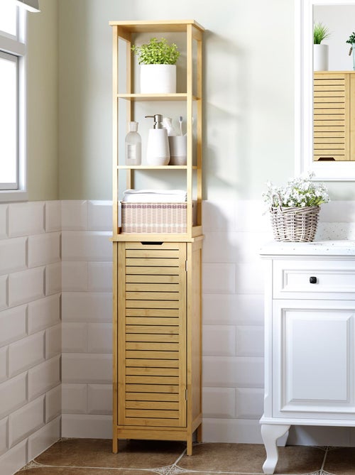 Meuble colonne salle de bain bambou MDF aspect bois clair - Kiabi Meuble colonne salle de bain bambou MDF aspect bois clair - Kiabi