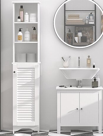 Meuble colonne salle de bain porte persienne 3 niches blanc