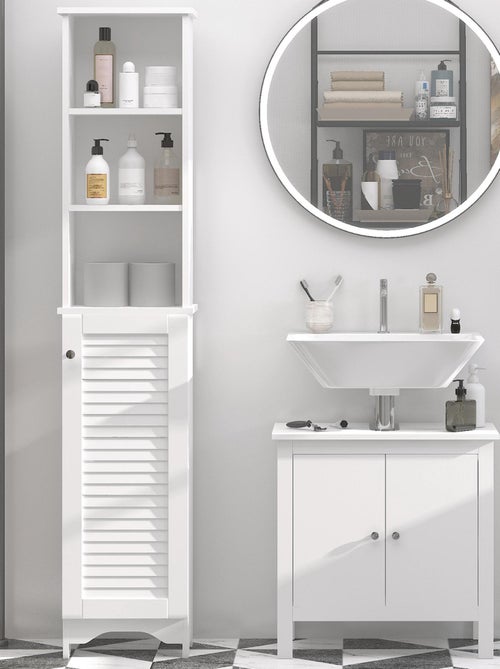 Meuble colonne salle de bain porte persienne 3 niches blanc - Kiabi Meuble colonne salle de bain porte persienne 3 niches blanc - Kiabi