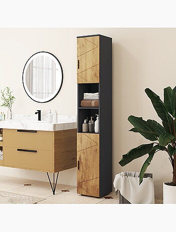 Meuble colonne salle de bain style cosy anthracite aspect bois