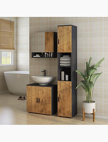 Meuble colonne salle de bain style cosy anthracite aspect bois
