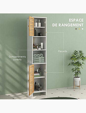 Meuble colonne salle de bain style cosy chic 2 portes étagères niches blanc bambou