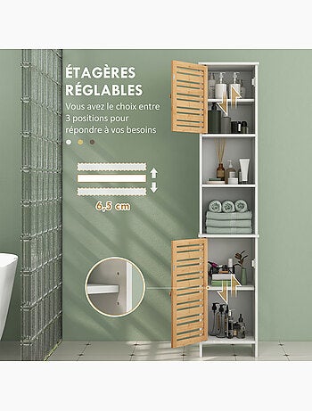Meuble colonne salle de bain style cosy chic 2 portes étagères niches blanc bambou