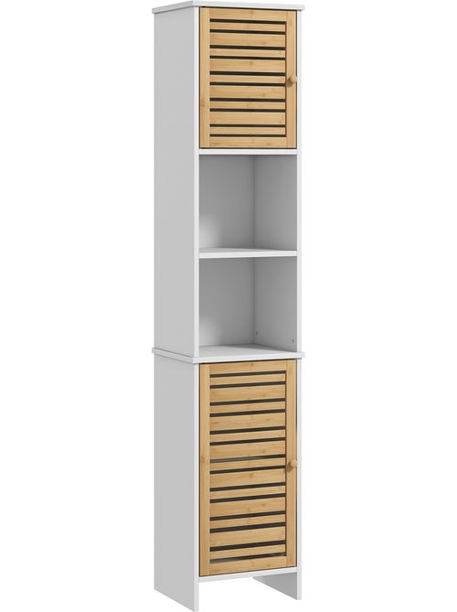 Meuble colonne salle de bain style cosy chic 2 portes étagères niches blanc bambou - Kiabi