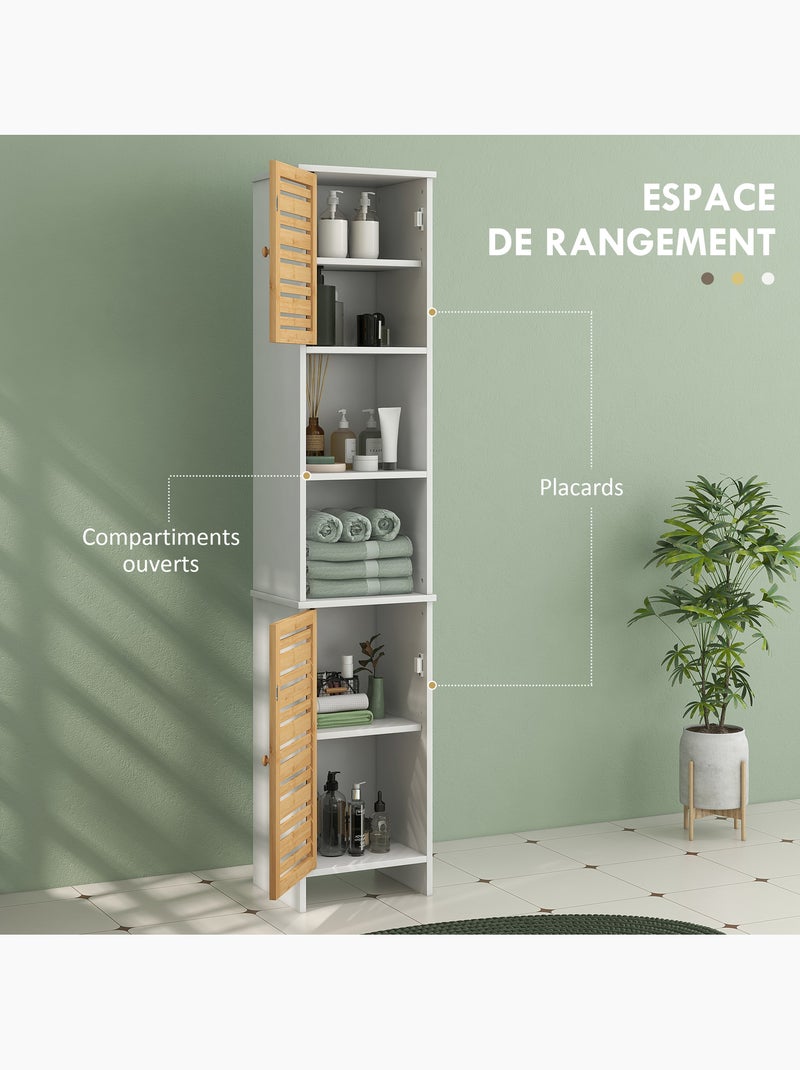 Meuble colonne salle de bain style cosy chic 2 portes étagères niches blanc bambou Blanc Blanc - Kiabi