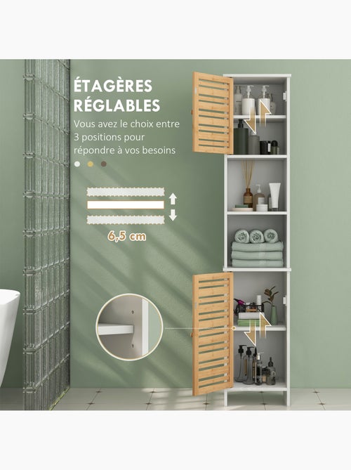 Meuble colonne salle de bain style cosy chic 2 portes étagères niches blanc bambou - Kiabi