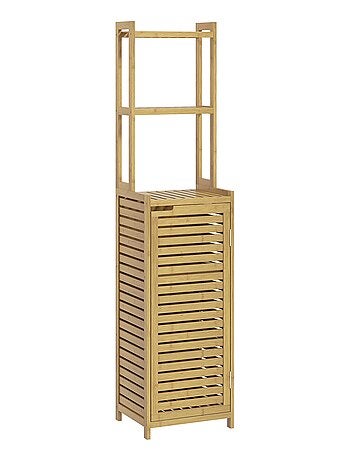 Meuble colonne salle de bain style naturel porte niche 4 étagères bambou