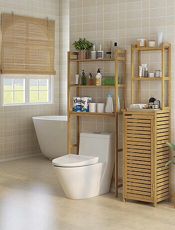 Meuble colonne salle de bain style naturel porte niche 4 étagères bambou