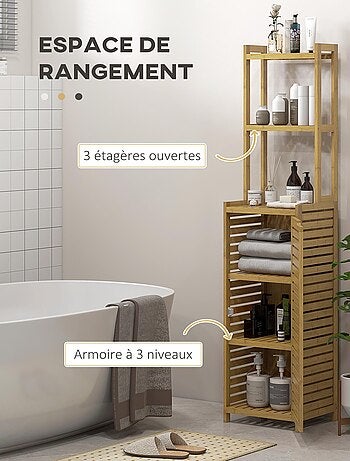 Meuble colonne salle de bain style naturel porte niche 4 étagères bambou