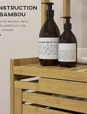 Meuble colonne salle de bain style naturel porte niche 4 étagères bambou