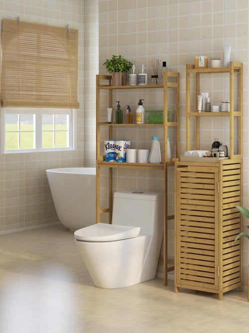 Meuble colonne salle de bain style naturel porte niche 4 étagères bambou - Kiabi