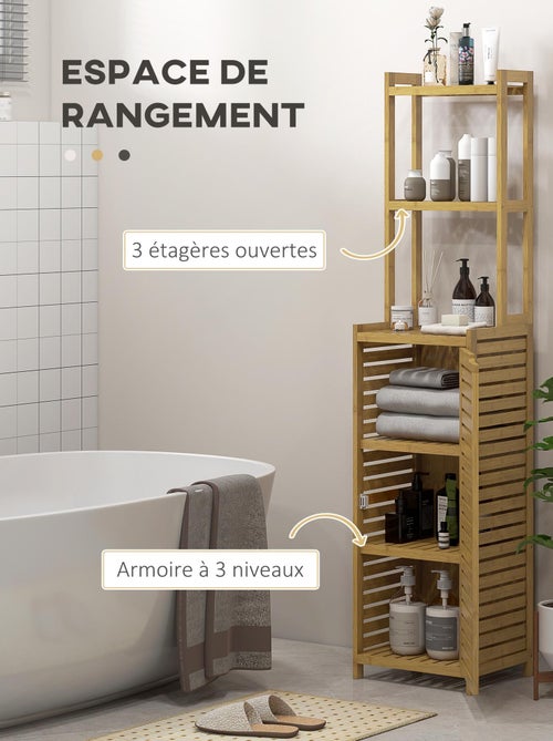 Meuble colonne salle de bain style naturel porte niche 4 étagères bambou - Kiabi