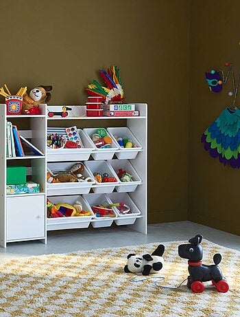 Meuble de rangement enfant 9 bacs de rangement 4 étagères 1 porte Sora