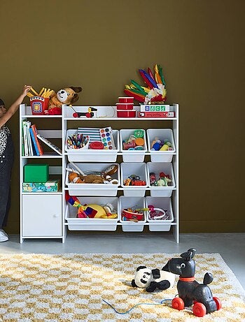Meuble de rangement enfant 9 bacs de rangement 4 étagères 1 porte Sora
