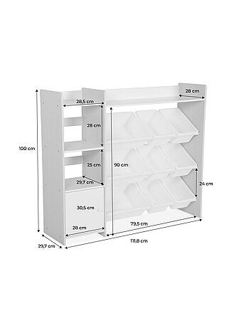 Meuble de rangement enfant 9 bacs de rangement 4 étagères 1 porte Sora