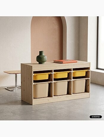 Meuble de rangement pour enfant décor bois 6 bacs de rangement colorés sora