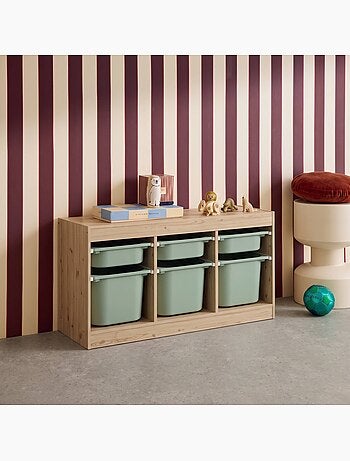 Meuble de rangement pour enfant décor bois 6 bacs de rangement colorés sora