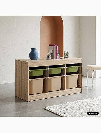 Meuble de rangement pour enfant décor bois 6 bacs de rangement colorés sora