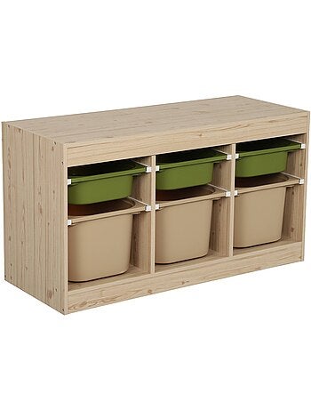 Meuble de rangement pour enfant décor bois 6 bacs de rangement colorés sora