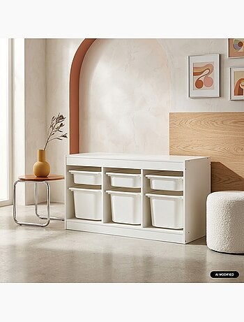 Meuble de rangement pour enfant décor bois 6 bacs de rangement sora