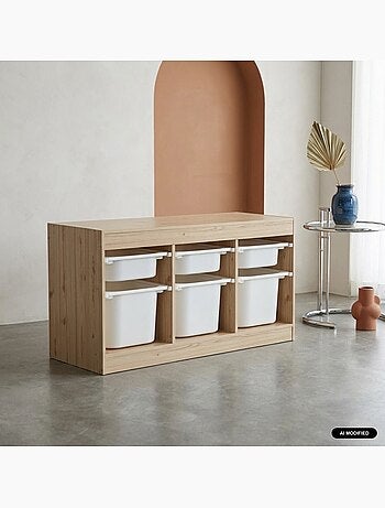 Meuble de rangement pour enfant décor bois 6 bacs de rangement sora