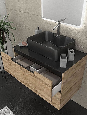 Meuble de salle bains avec vasque et miroir au style authentique