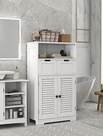 Meuble de salle de bain 2 portes persiennes 2 tiroirs niche blanc