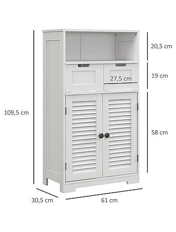 Meuble de salle de bain 2 portes persiennes 2 tiroirs niche blanc